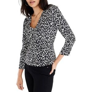 J. Crew Women's 00 Peplum Top Long Sleeve Black White Print Button Front